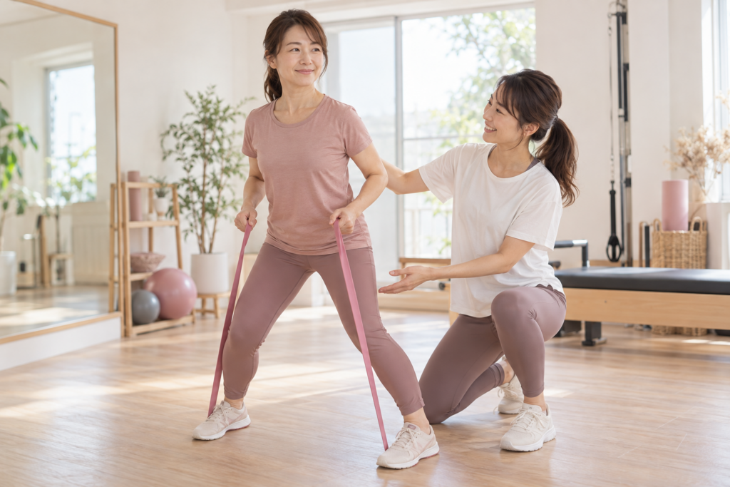 日本人の女性がトレーナーとバンド運動を学ぶAI生成イメージ