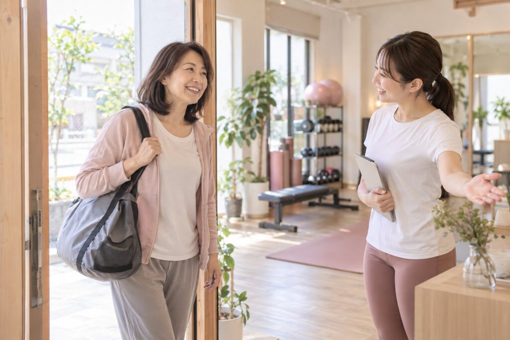日本人の女性がジムの入口でトレーナーに迎えられるAI生成イメージ